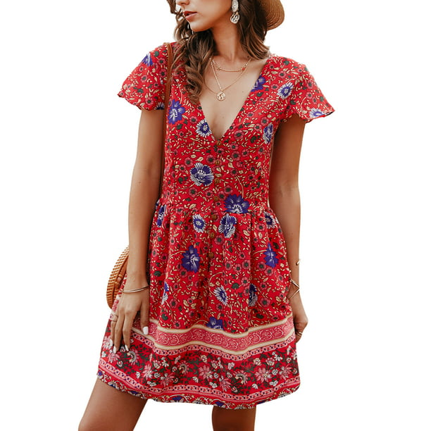 KYLEON Dresses for Women Short Sleeve Boho Floral Print Beach Summer Casual Party Swing Mini T Shirt Dress with Pockets 